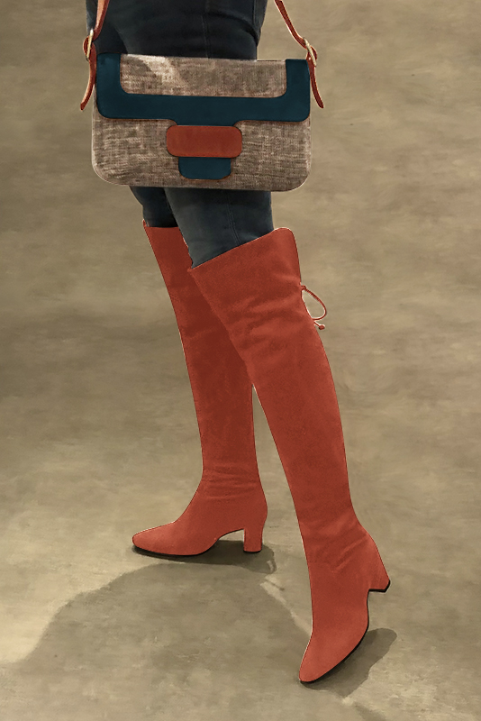 Terracotta orange women's leather thigh-high boots. Round toe. Medium block heels. Made to measure. Worn view - Florence KOOIJMAN